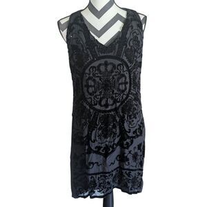Hale Bob Black Sequin Embellished Velvet Burnout Mini Dress Tank M